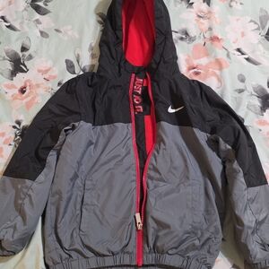 Nike Kids' Black and Gray Puffer Jacket with Red Accents